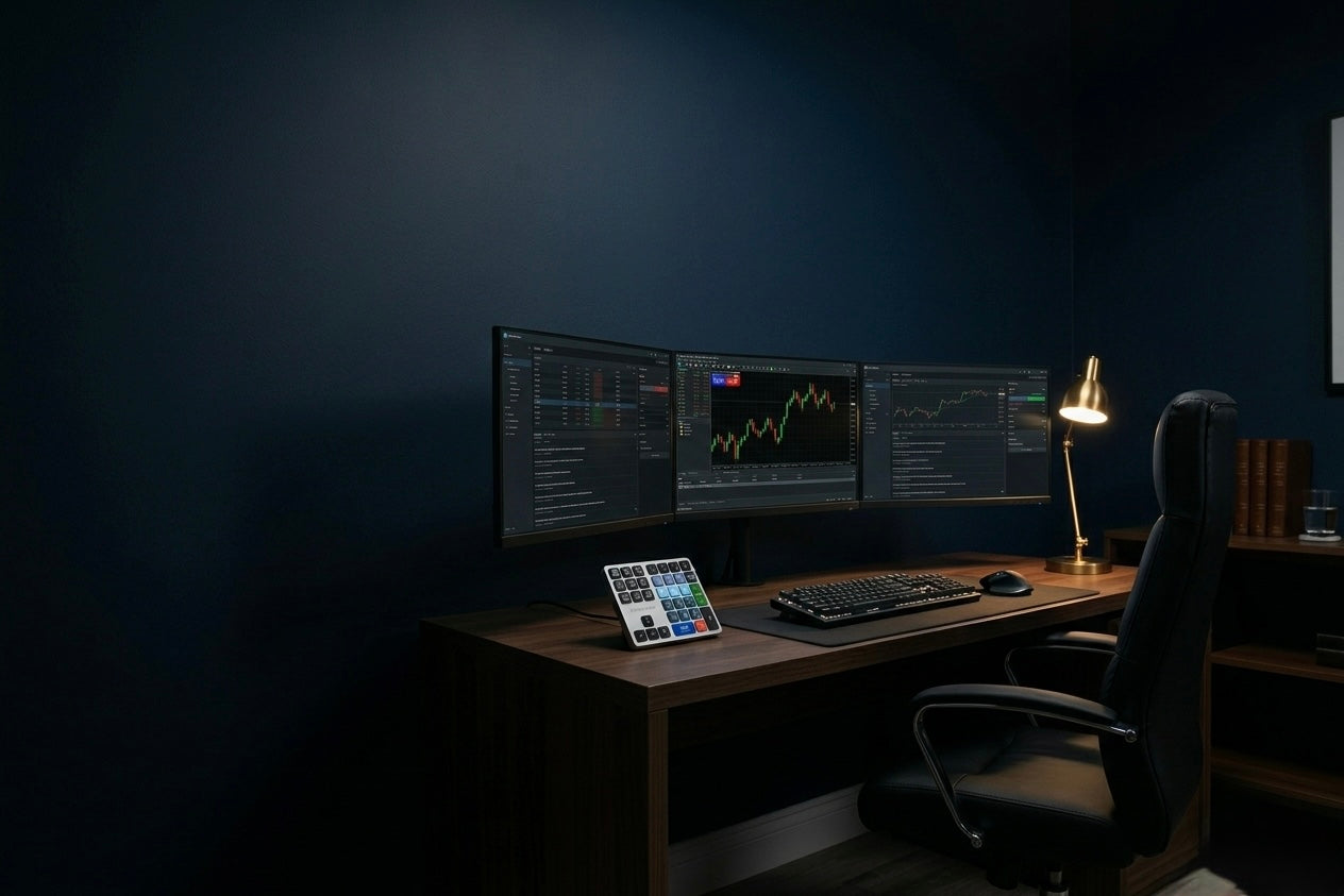 Riskeys Basic — trading dashboard on triple monitor setup